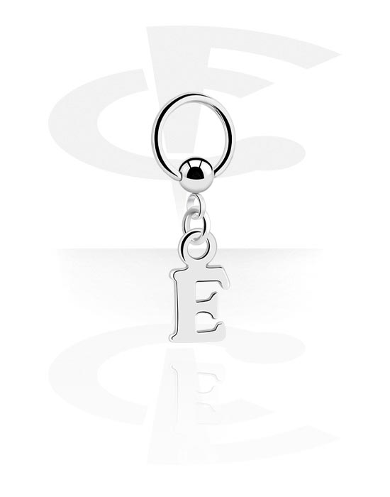 Piercingringer, Ball closure ring (surgical steel, silver, shiny finish) med charm with letter "E", Surgical Steel 316L, Plated Brass