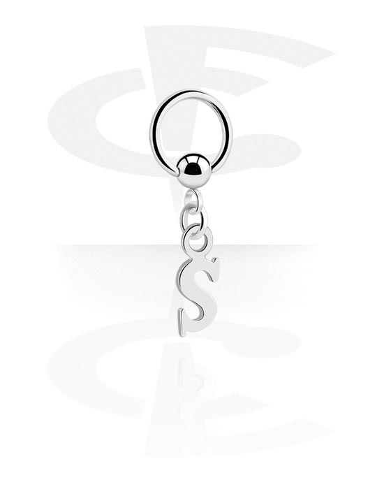 Piercingringer, Ball closure ring (surgical steel, silver, shiny finish) med charm with letter "S", Surgical Steel 316L, Plated Brass