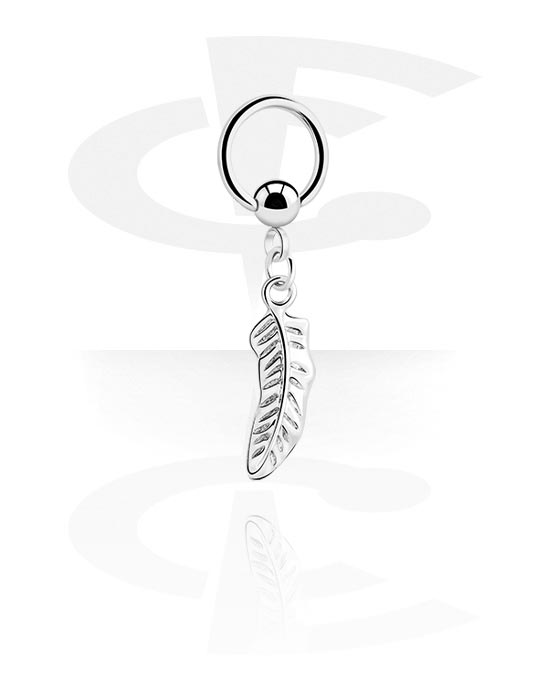 Piercing Rings, Ball closure ring (surgical steel, silver, shiny finish) with feather charm, Surgical Steel 316L, Plated Brass