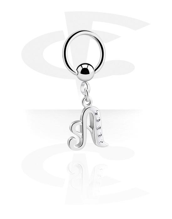 Piercingringer, Ball closure ring (surgical steel, silver, shiny finish) med charm with letter "A" og crystal stones, Surgical Steel 316L, Plated Brass