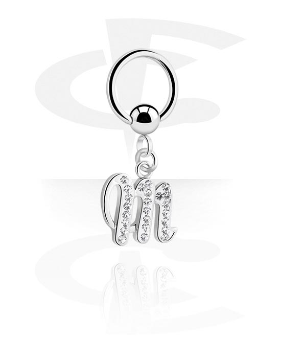Piercingringer, Ball closure ring (surgical steel, silver, shiny finish) med charm with letter "M" og crystal stones, Surgical Steel 316L, Plated Brass