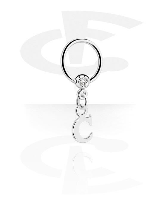Piercingringer, Ball closure ring (surgical steel, silver, shiny finish) med crystal stone og charm with letter "C", Surgical Steel 316L, Plated Brass