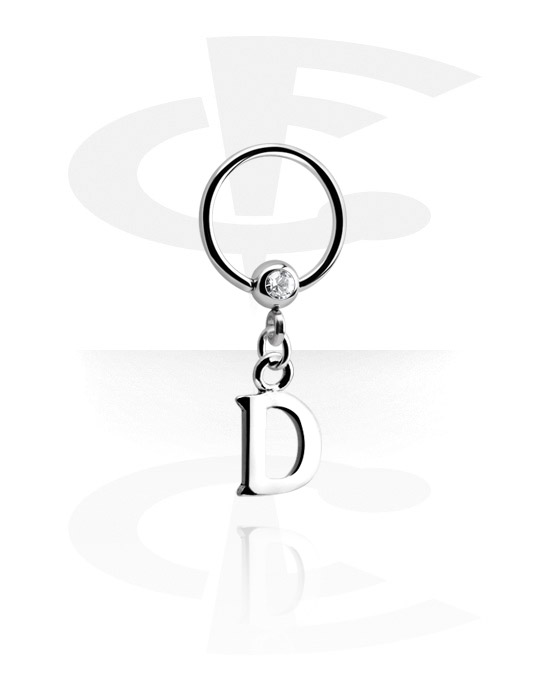 Piercingringer, Ball closure ring (surgical steel, silver, shiny finish) med crystal stone og charm with letter "D", Surgical Steel 316L, Plated Brass