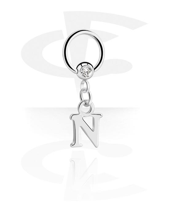 Piercingringer, Ball closure ring (surgical steel, silver, shiny finish) med crystal stone og charm with letter "N", Surgical Steel 316L, Plated Brass
