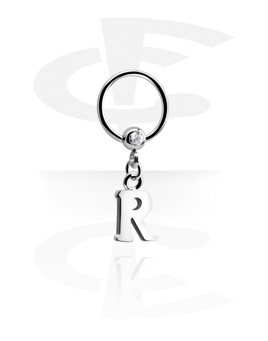 Piercingringer, Ball closure ring (surgical steel, silver, shiny finish) med crystal stone og charm with letter "R", Surgical Steel 316L, Plated Brass