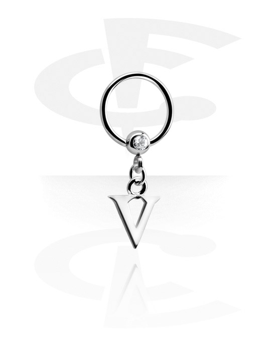 Piercingringer, Ball closure ring (surgical steel, silver, shiny finish) med crystal stone og charm with letter "V", Surgical Steel 316L, Plated Brass