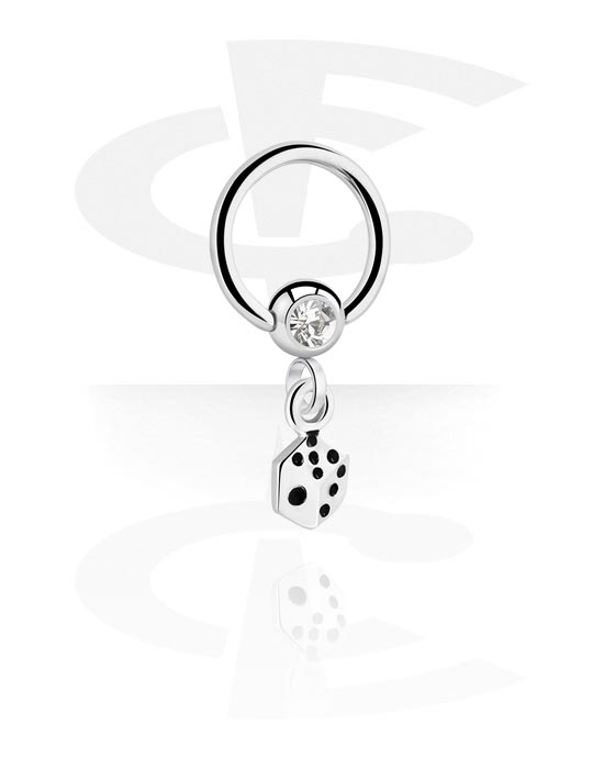 Rinke, Ball closure ring (surgical steel, silver, shiny finish) z Kristalni kamen in dice charm, Kirurško jeklo 316L, Prevlečena medenina