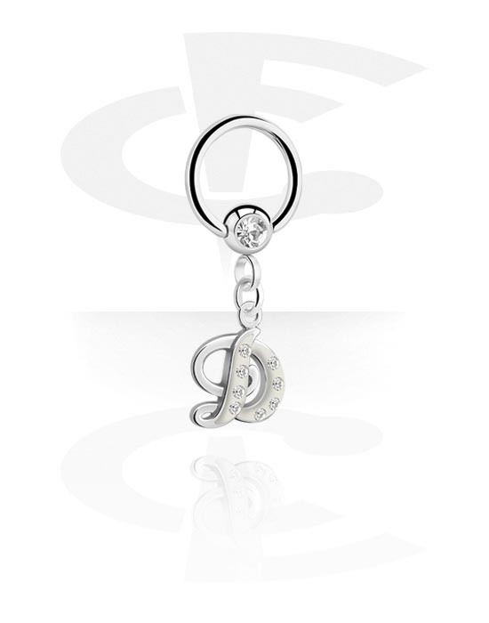 Piercingringer, Ball closure ring (surgical steel, silver, shiny finish) med charm with letter "D" og crystal stones, Surgical Steel 316L, Plated Brass