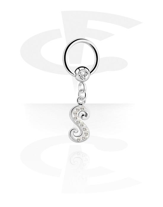 Piercingringer, Ball closure ring (surgical steel, silver, shiny finish) med charm with letter "S" og crystal stones, Surgical Steel 316L, Plated Brass