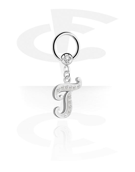 Piercingringer, Ball closure ring (surgical steel, silver, shiny finish) med charm with letter "T" og crystal stones, Surgical Steel 316L, Plated Brass