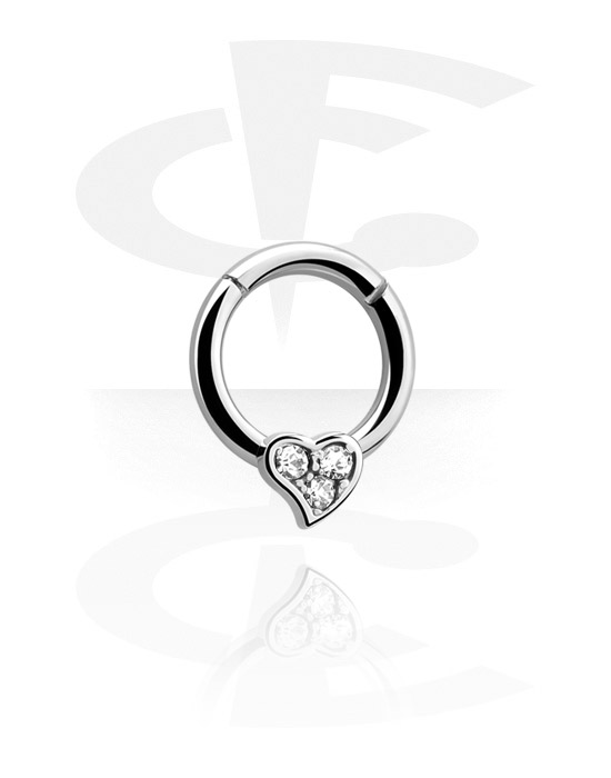 Piercingringer, Multi-purpose clicker (surgical steel, silver, shiny finish) med Heart og crystal stones, Surgical Steel 316L