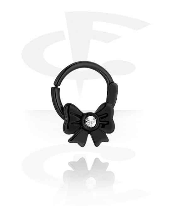 Piercingringer, Multi-Purpose Clicker med bow og crystal stone, Black Surgical Steel 316L