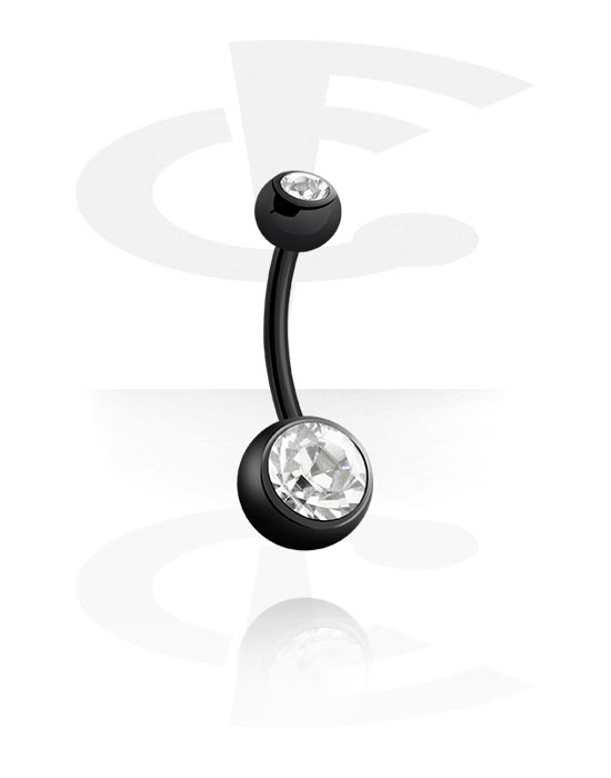 Curved Barbells, Belly button ring (surgical steel, black, shiny finish) with crystal stones, Black Surgical Steel 316L