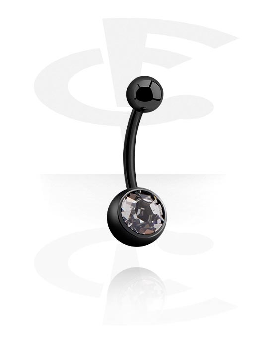 Curved Barbells, Belly button ring (surgical steel, black, shiny finish) met kristalsteentje, Chirurgisch staal 316L