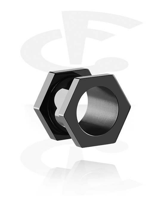 Tunnelit & plugit, Hexagon-shaped screw-on tunnel (surgical steel, black), Kirurginteräs 316L