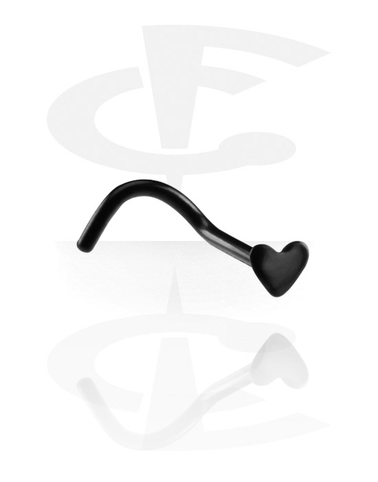 Nose Jewelry & Septums, Curved nose stud (surgical steel, black, shiny finish) with heart attachment, Surgical Steel 316L, Titanium