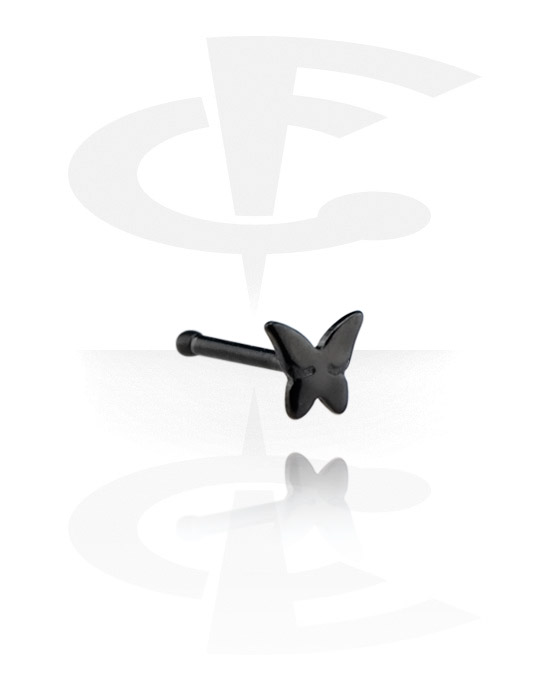 Nose Jewelry & Septums, Straight nose stud (surgical steel, black, shiny finish) with butterfly design, Surgical Steel 316L