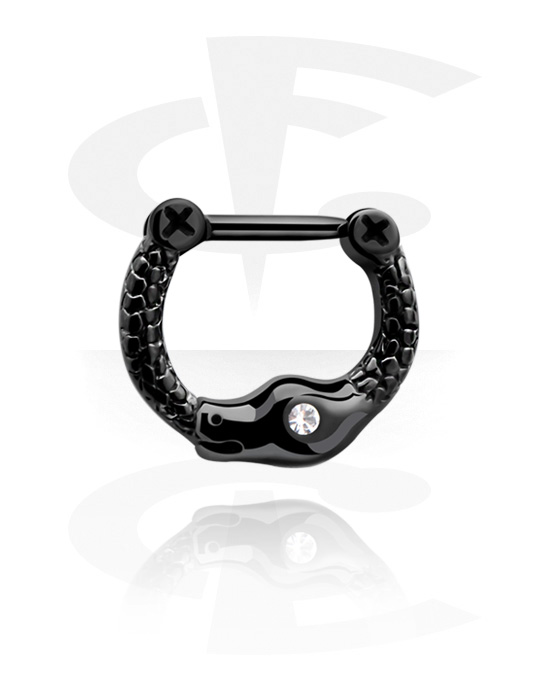 Nesestaver og -ringer, Septum clicker (surgical steel, black, shiny finish) med snake og crystal stone, Surgical Steel 316L