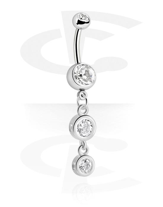 Curved Barbells, Belly button ring (surgical steel, silver, shiny finish) met bedel en kristalsteentjes, Chirurgisch staal 316L, Belegde messing