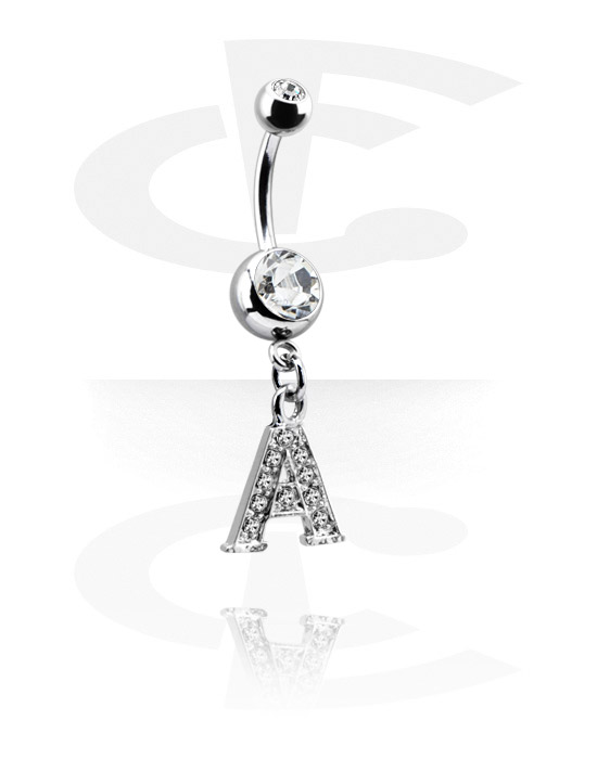 Curved Barbells, Belly button ring (surgical steel, silver, shiny finish) with charm with letter "A" and crystal stones, Surgical Steel 316L, Plated Brass