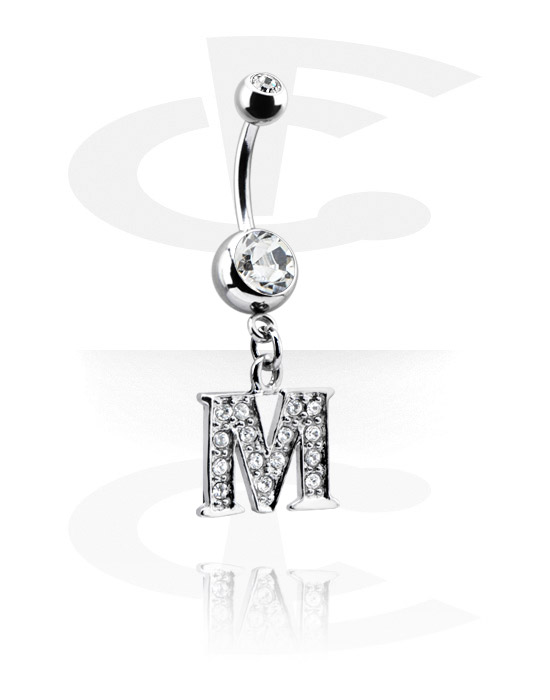 Curved Barbells, Belly button ring (surgical steel, silver, shiny finish) met charm with letter "M" en kristalsteentjes, Chirurgisch staal 316L, Belegde messing