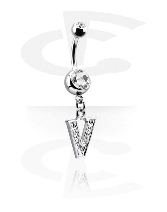 Bananer, Belly button ring (surgical steel, silver, shiny finish) med charm with letter "V" och kristallstenar, Kirurgiskt stål 316L, Överdragen mässing