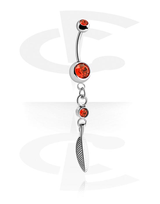 Curved Barbells, Belly button ring (surgical steel, silver, shiny finish) met feather pendant en kristalsteentjes, Chirurgisch staal 316L, Belegde messing