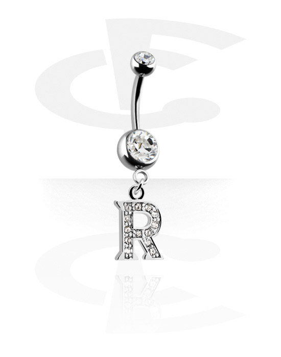 Bøyde barbeller, Belly button ring (surgical steel, silver, shiny finish) med charm with letter "R" og crystal stones, Surgical Steel 316L, Plated Brass