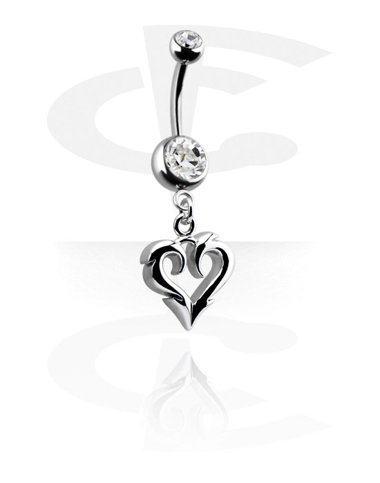 Bøyde barbeller, Belly button ring (surgical steel, silver, shiny finish) med heart pendant og crystal stones, Surgical Steel 316L, Plated Brass