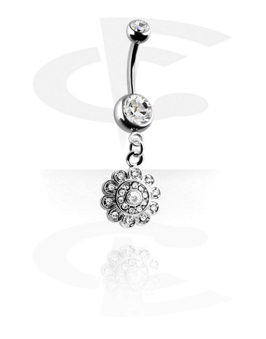 Bøyde barbeller, Belly button ring (surgical steel, silver, shiny finish) med flower charm og crystal stones, Surgical Steel 316L, Plated Brass