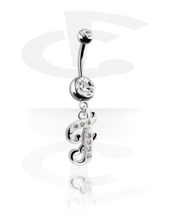 Bøyde barbeller, Belly button ring (surgical steel, silver, shiny finish) med charm with letter "F" og crystal stones, Surgical Steel 316L, Plated Brass