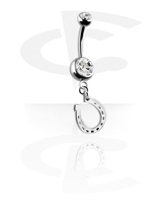 Bøyde barbeller, Belly button ring (surgical steel, silver, shiny finish) med horseshoe charm og crystal stones, Surgical Steel 316L, Plated Brass