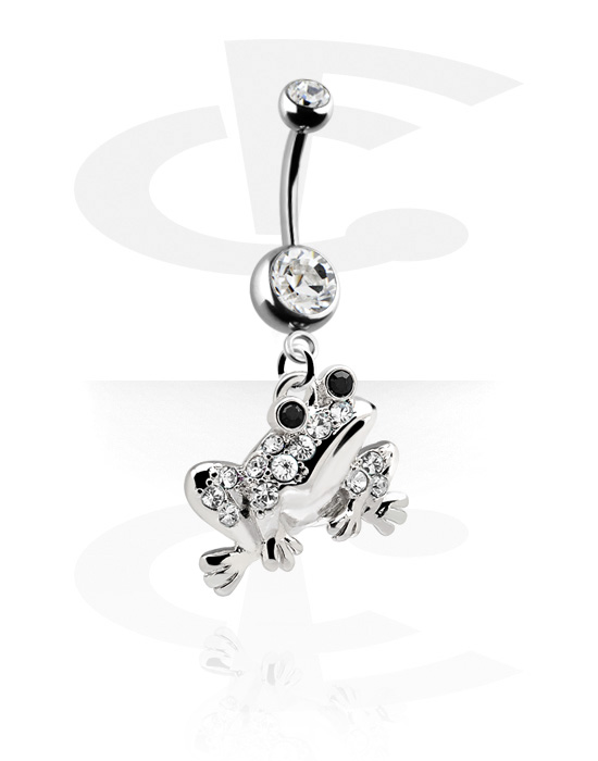 Bøyde barbeller, Belly button ring (surgical steel, silver, shiny finish) med Frog Attachment og crystal stones, Surgical Steel 316L, Plated Brass