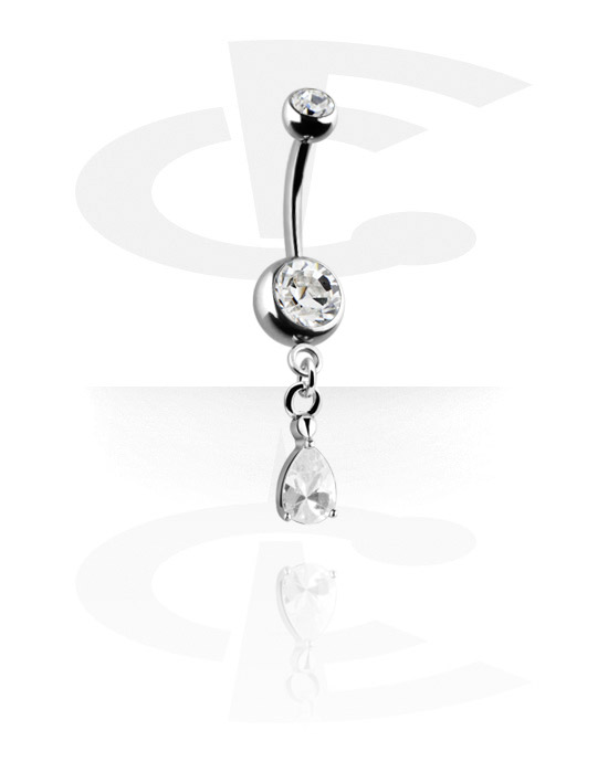 Curved Barbells, Belly button ring (surgical steel, silver, shiny finish) with charm and crystal stones, Surgical Steel 316L ,  Plated Brass