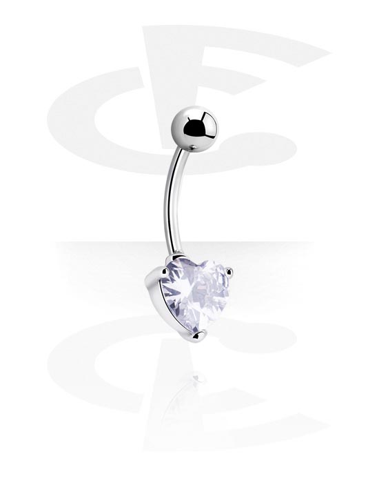 Curved Barbells, Belly button ring (surgical steel, silver, shiny finish) with heart design and crystal stone, Surgical Steel 316L