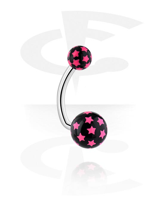Curved Barbells, Belly button ring (surgical steel, silver, shiny finish) with acrylic balls and star design, Surgical Steel 316L, Acrylic