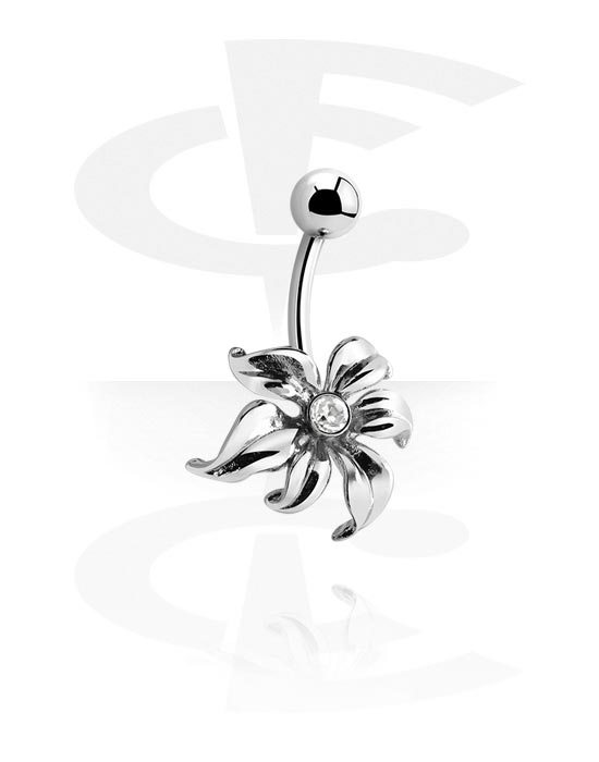 Curved Barbells, Belly button ring (surgical steel, silver, shiny finish) met bloemenaccessoire en kristalsteentje, Chirurgisch staal 316L