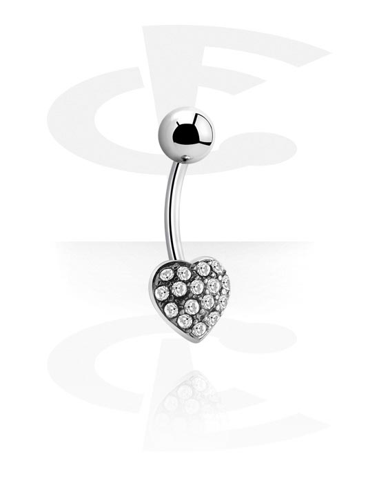 Curved Barbells, Belly button ring (surgical steel, silver, shiny finish) met hartaccessoire en kristalsteentjes, Chirurgisch staal 316L