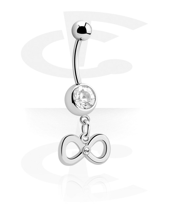 Bøyde barbeller, Belly button ring (surgical steel, silver, shiny finish) med infinity charm og crystal stones, Surgical Steel 316L