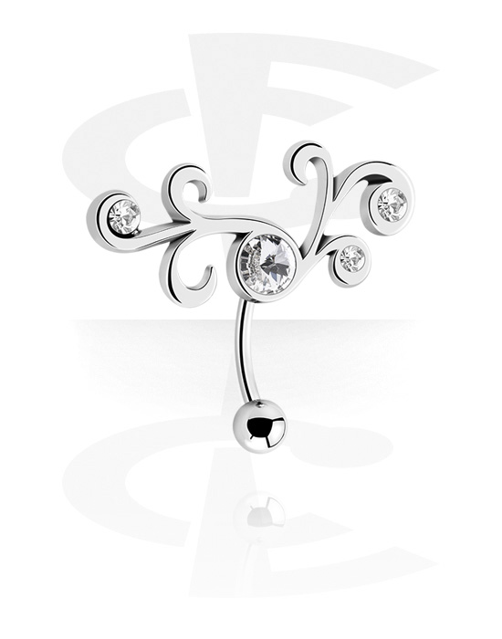 Curved Barbells, Belly button ring (surgical steel, silver, shiny finish) met kristalsteentjes, Chirurgisch staal 316L, Belegde messing