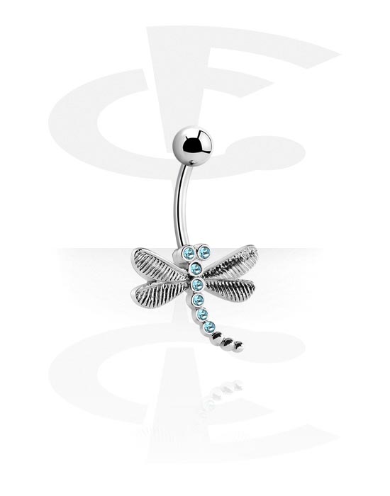 Curved Barbells, Belly button ring (surgical steel, silver, shiny finish) met Dragonfly Design en kristalsteentjes, Chirurgisch staal 316L