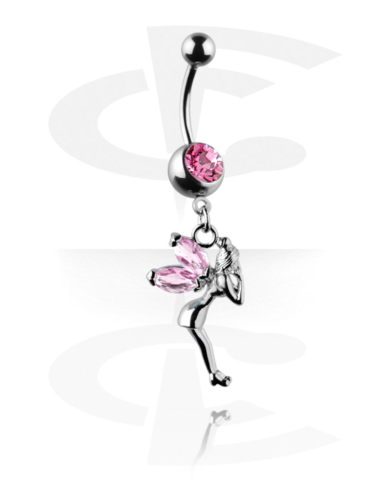 Curved Barbells, Belly button ring (surgical steel, silver, shiny finish) met fairy charm en kristalsteentjes, Chirurgisch staal 316L