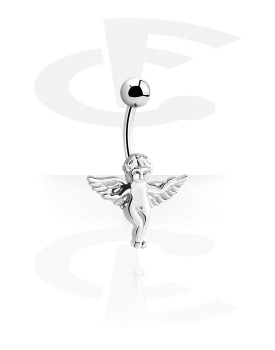 Curved Barbells, Belly button ring (surgical steel, silver, shiny finish) with angel design, Surgical Steel 316L