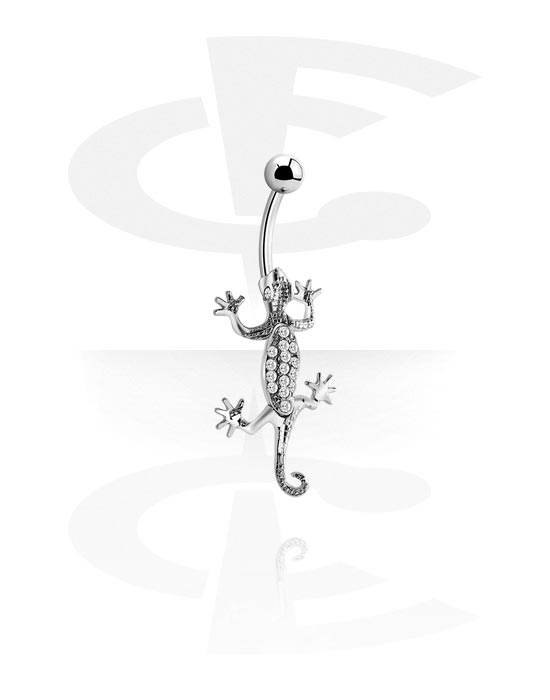 Curved Barbells, Belly button ring (surgical steel, silver, shiny finish) with gecko attachment and crystal stones, Surgical Steel 316L
