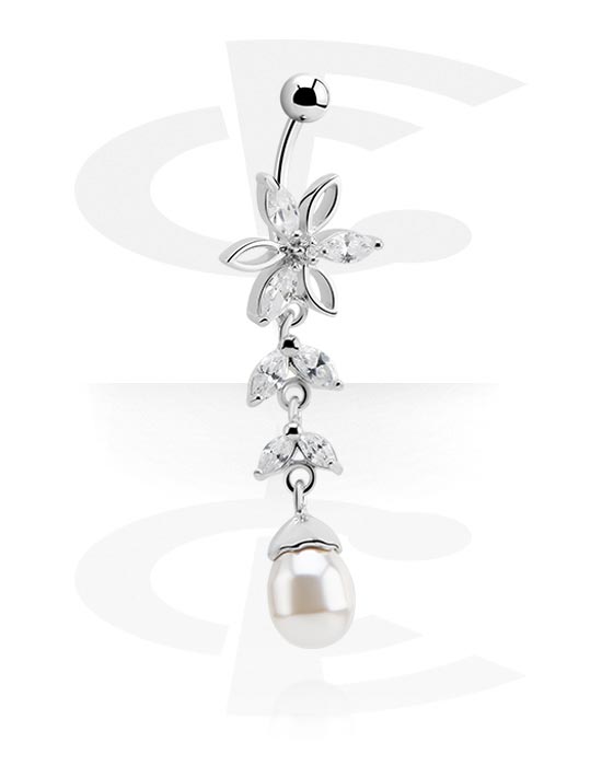 Curved Barbells, Belly button ring (surgical steel, silver, shiny finish) with flower charm, Surgical Steel 316L