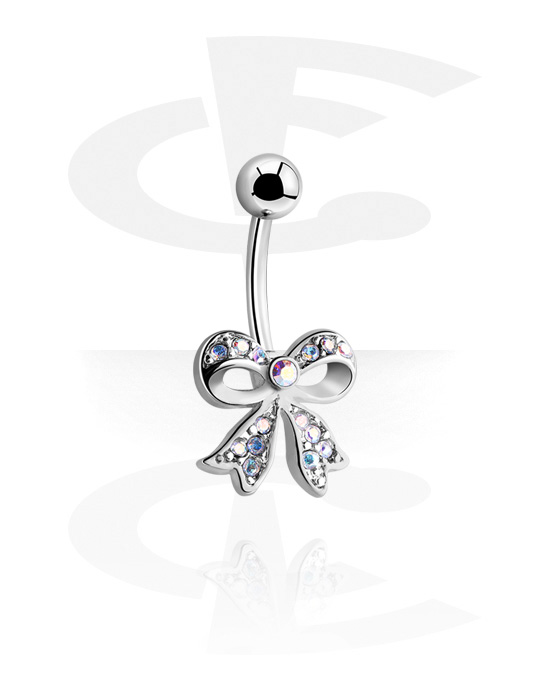 Curved Barbells, Belly button ring (surgical steel, silver, shiny finish) met bow en kristalsteentjes, Chirurgisch staal 316L