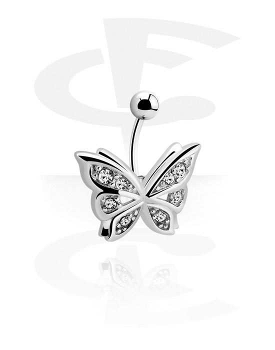 Curved Barbells, Belly button ring (surgical steel, silver, shiny finish) with butterfly design and crystal stone, Surgical Steel 316L