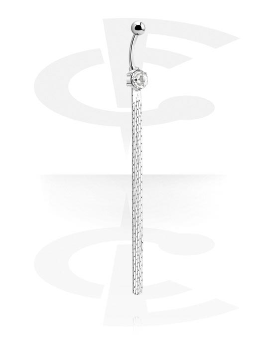 Curved Barbells, Belly button ring (surgical steel, silver, shiny finish) with crystal stone and chain, Surgical Steel 316L