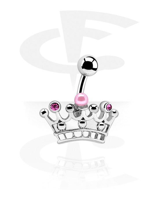 Curved Barbells, Belly button ring (surgical steel, silver, shiny finish) with crown attachment and crystal stones, Surgical Steel 316L