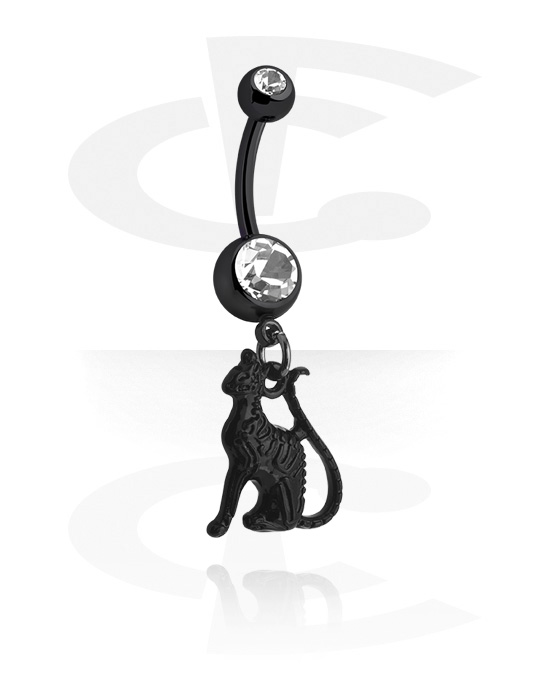 Curved Barbells, Belly button ring (surgical steel, black, shiny finish) with cat charm and crystal stones, Surgical Steel 316L
